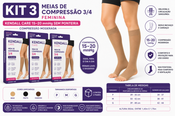 Kit 3 Meias de Compressão 3/4 Kendall Care (15–20 mmHg) Sem Ponteira