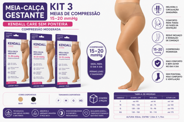 KIT 3 MEIA CALÇA KENDALL GESTANTE 15–20 MMHG SEM PONTEIRA REF. 1652