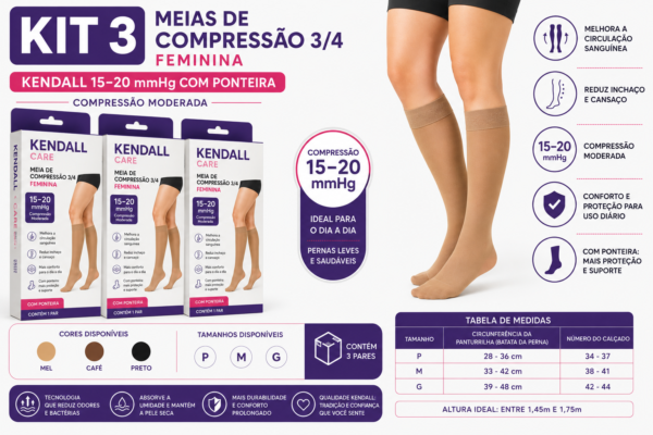 Kit 3 Meias de Compressão 3/4 Kendall Care (15–20 mmHg) Com Ponteira