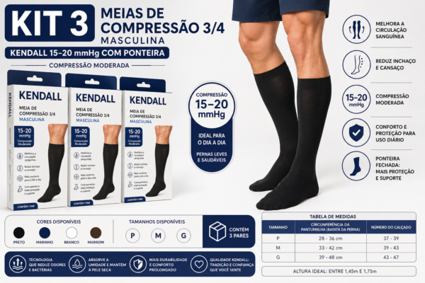 Kit 3 Meias de Compressão Kendall 3/4 Masculina (15–20 mmHg)